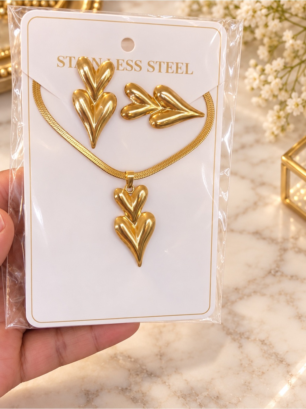 Gold Double Heart Pendant Necklace and Earring Set